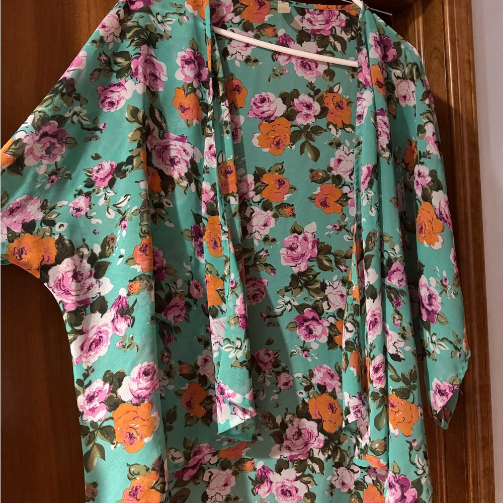 Floral Kimono Cardigan | Teal Floral Boho Top | Size L